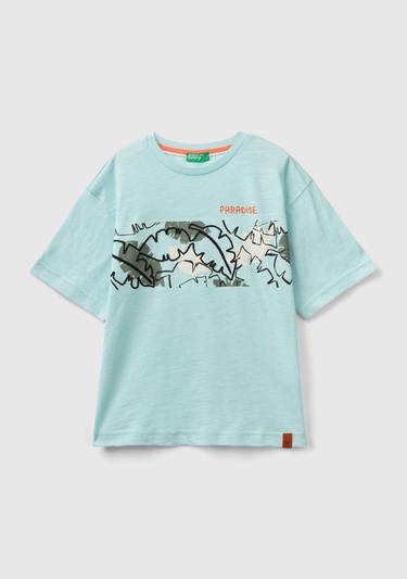  Erkek Çocuk Su Yeşili Önü Baskılı Etek Ucu Logo Detaylı Bisiklet Yaka T-Shirt