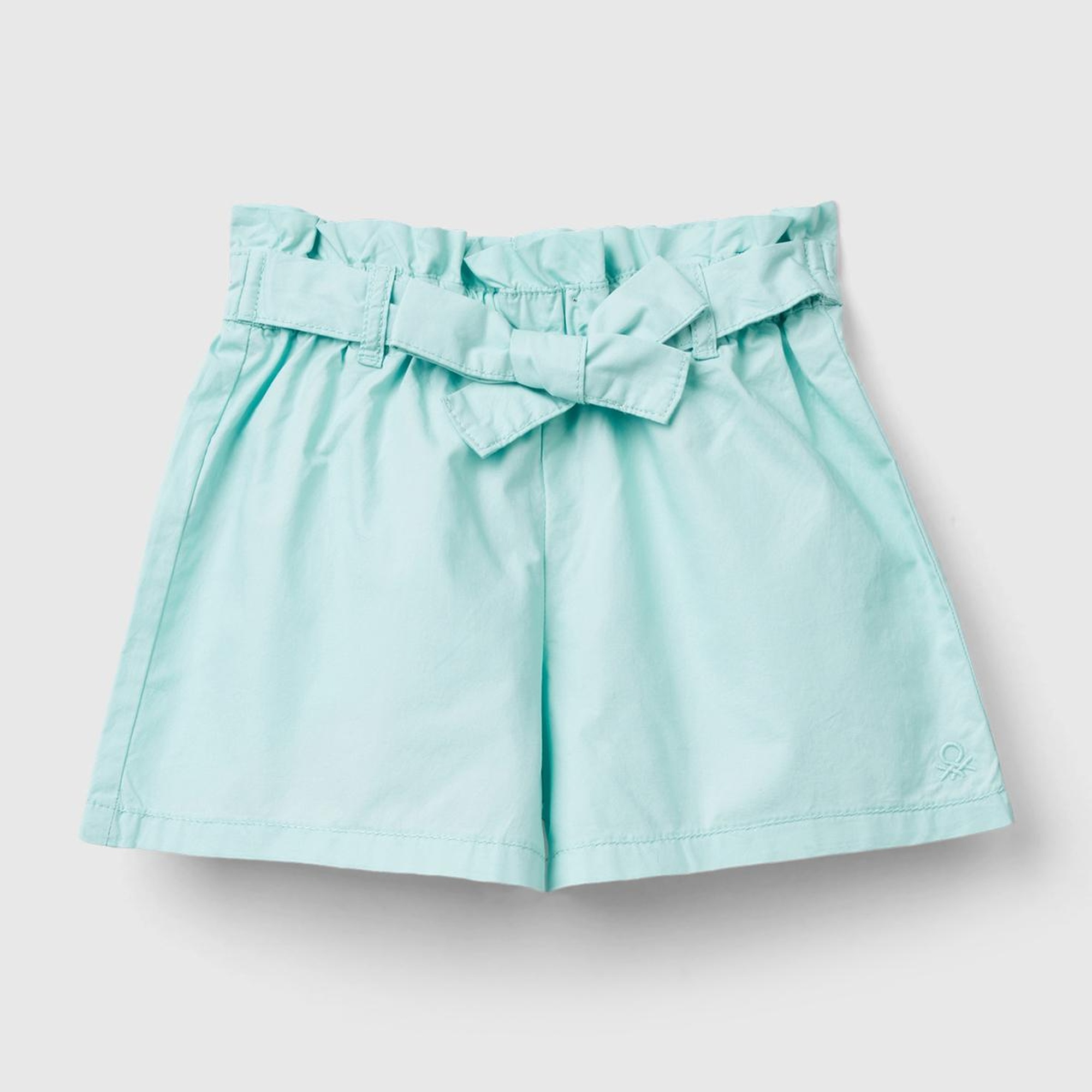 Kız Çocuk Su Yeşili Beli Kuşaklı Yama Cepli Geniş Paça Bermuda Şort