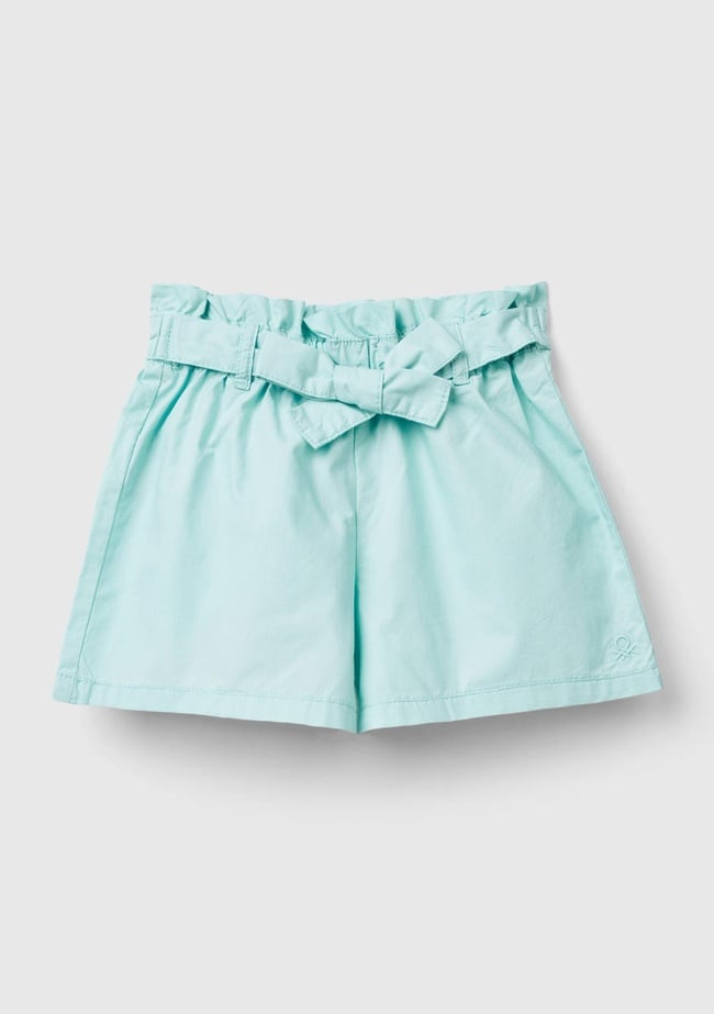  Kız Çocuk Su Yeşili Beli Kuşaklı Yama Cepli Geniş Paça Bermuda Şort