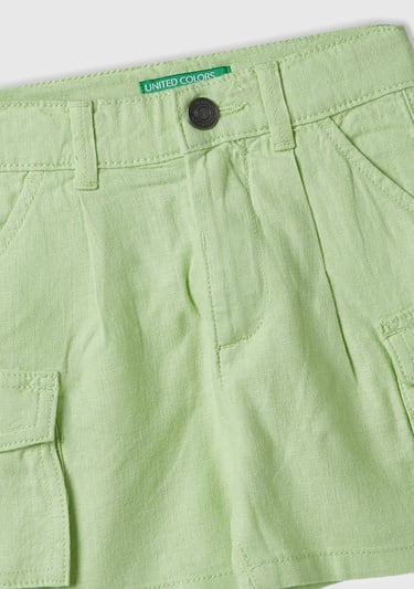  Erkek Çocuk Açık Yeşil Önü Logo İşlemeli Yama Cepli Bermuda Şort