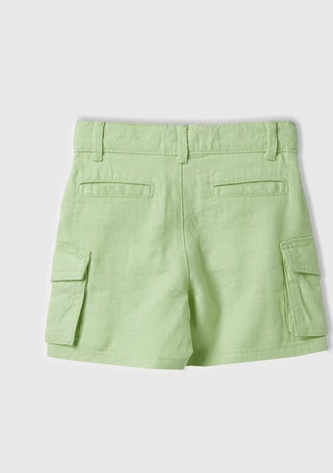  Erkek Çocuk Açık Yeşil Önü Logo İşlemeli Yama Cepli Bermuda Şort
