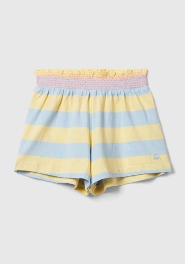 Kız Çocuk Sarı-Mavi Önü Logo İşlemeli Renk Bloklu Beli Büzgülü Kloş Kesim Şort