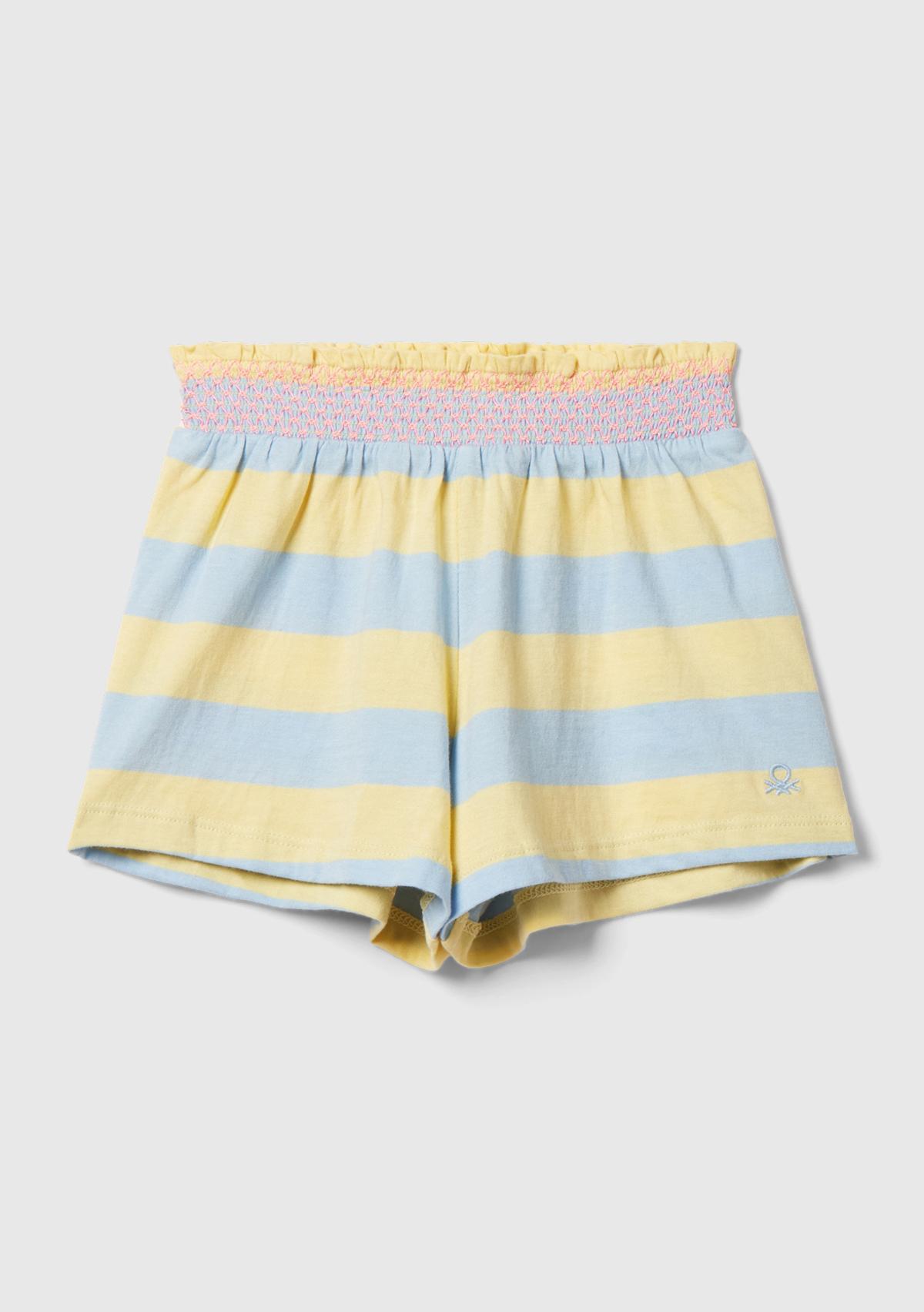  Kız Çocuk Sarı-Mavi Önü Logo İşlemeli Renk Bloklu Beli Büzgülü Kloş Kesim Şort