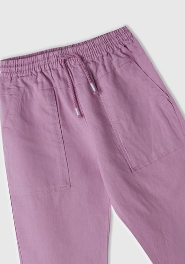  Kız Çocuk Pembe Keten Karışımlı Pantolon