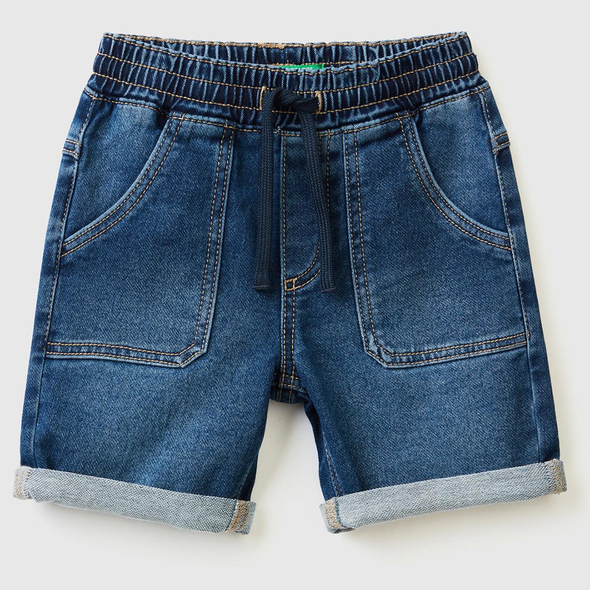 Erkek Çocuk Lacivert Logo İşlemeli 5 Cepli Beli Büzgülü Denim Bermuda Şort