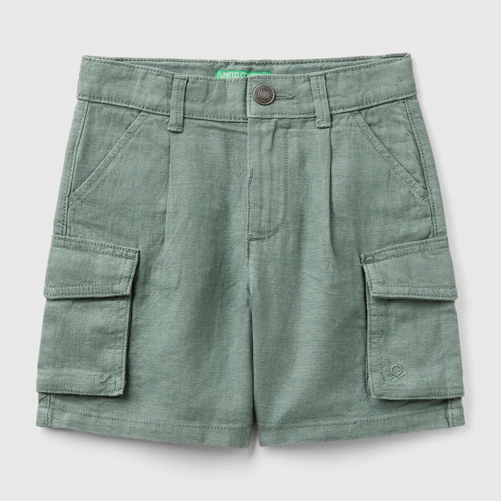 Erkek Çocuk Asker Yeşili Önü Logo İşlemeli Yama Cepli Bermuda Şort