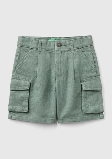  Erkek Çocuk Asker Yeşili Önü Logo İşlemeli Yama Cepli Bermuda Şort