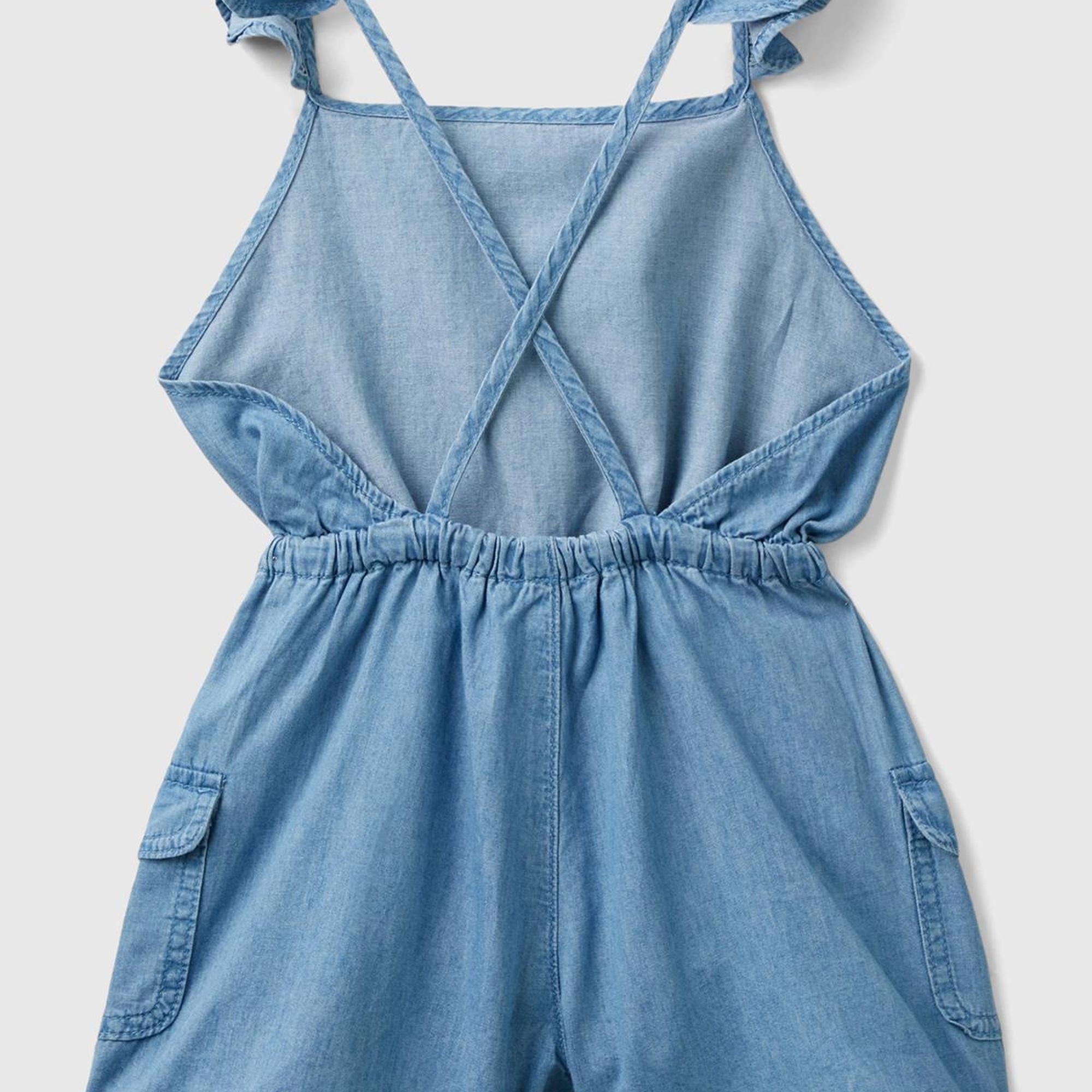 Kız Çocuk Açık Denim Beli Elastik Fırfır Askılı Önü Fiyonklu Salopet