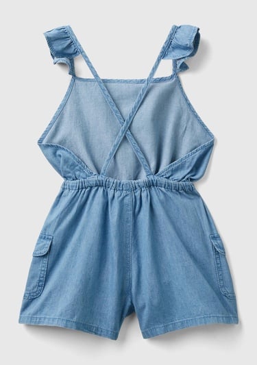  Kız Çocuk Açık Denim Beli Elastik Fırfır Askılı Önü Fiyonklu Salopet