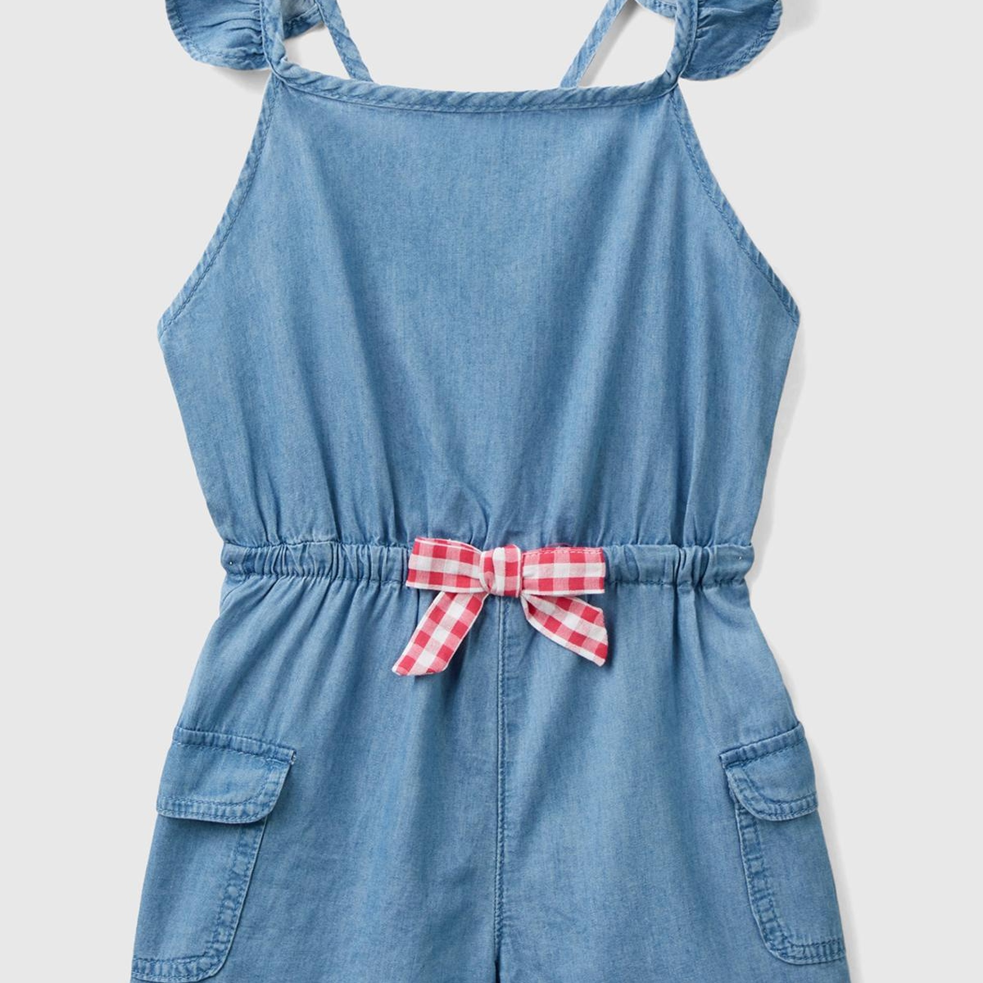 Kız Çocuk Açık Denim Beli Elastik Fırfır Askılı Önü Fiyonklu Salopet