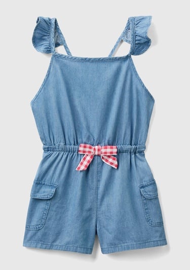  Kız Çocuk Açık Denim Beli Elastik Fırfır Askılı Önü Fiyonklu Salopet