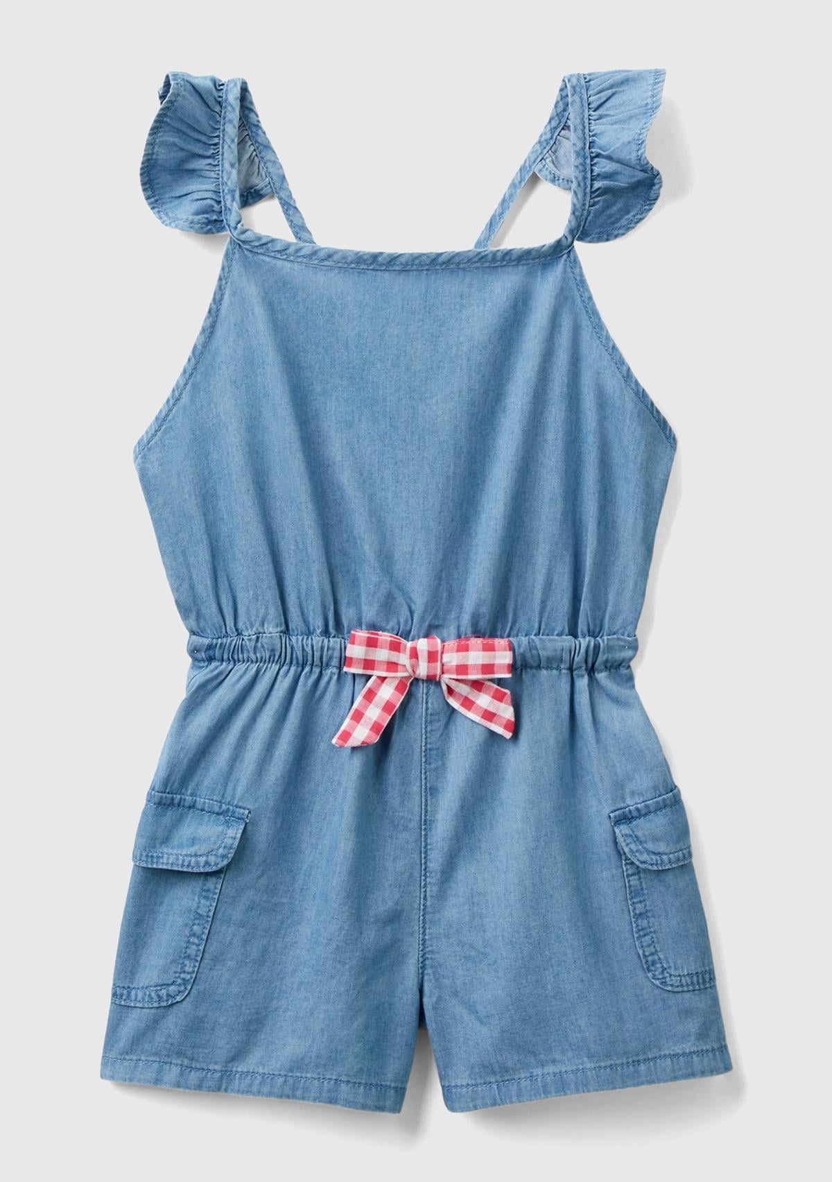  Kız Çocuk Açık Denim Beli Elastik Fırfır Askılı Önü Fiyonklu Salopet