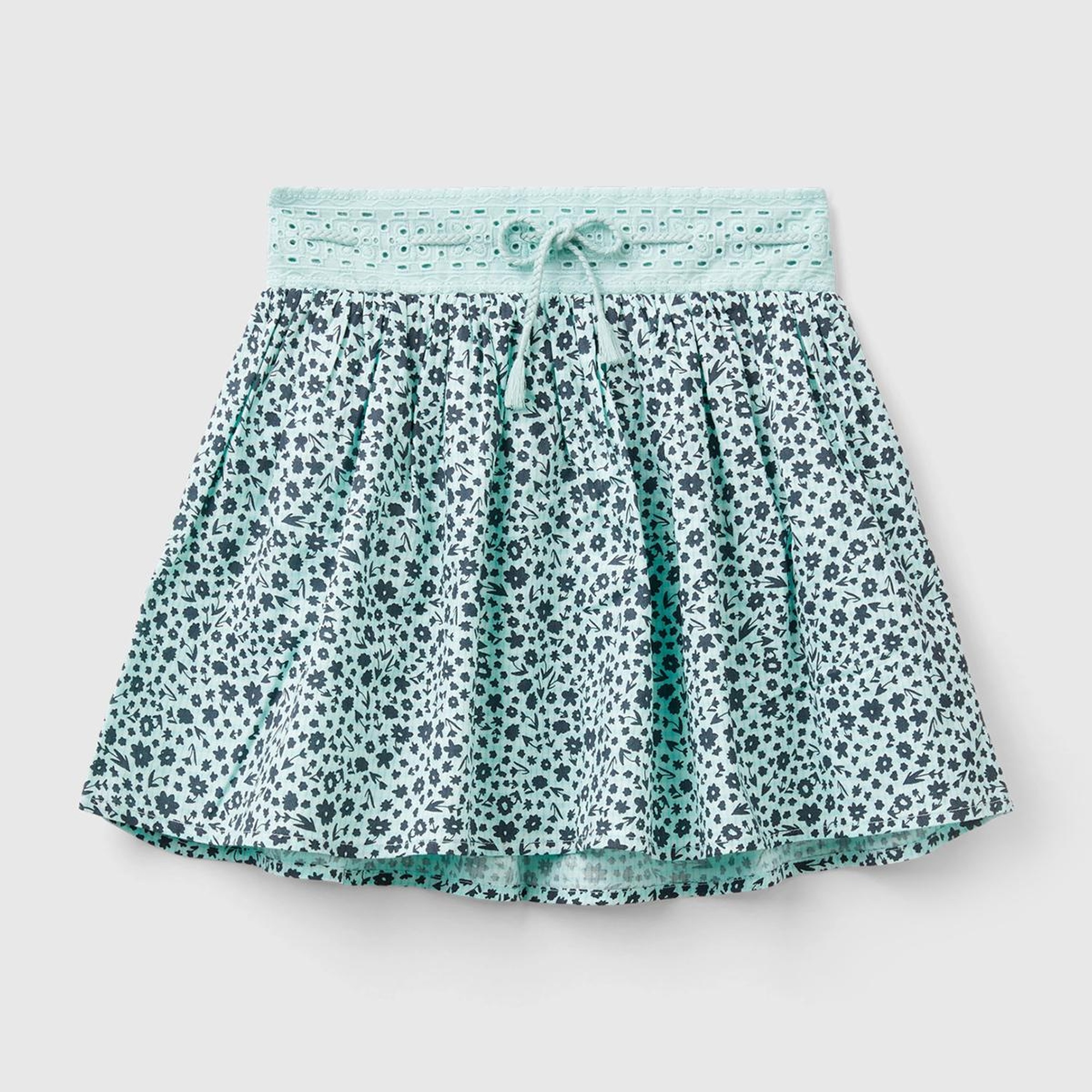 Kız Çocuk Açık Mavi Mix Esnek Belli Büzgü İpli Desenli Etek