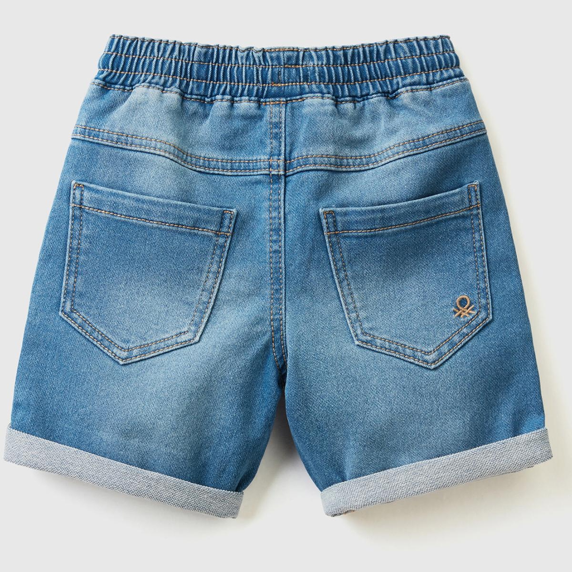 Erkek Çocuk Açık Mavi Logo İşlemeli 5 Cepli Beli Büzgülü Denim Bermuda Şort