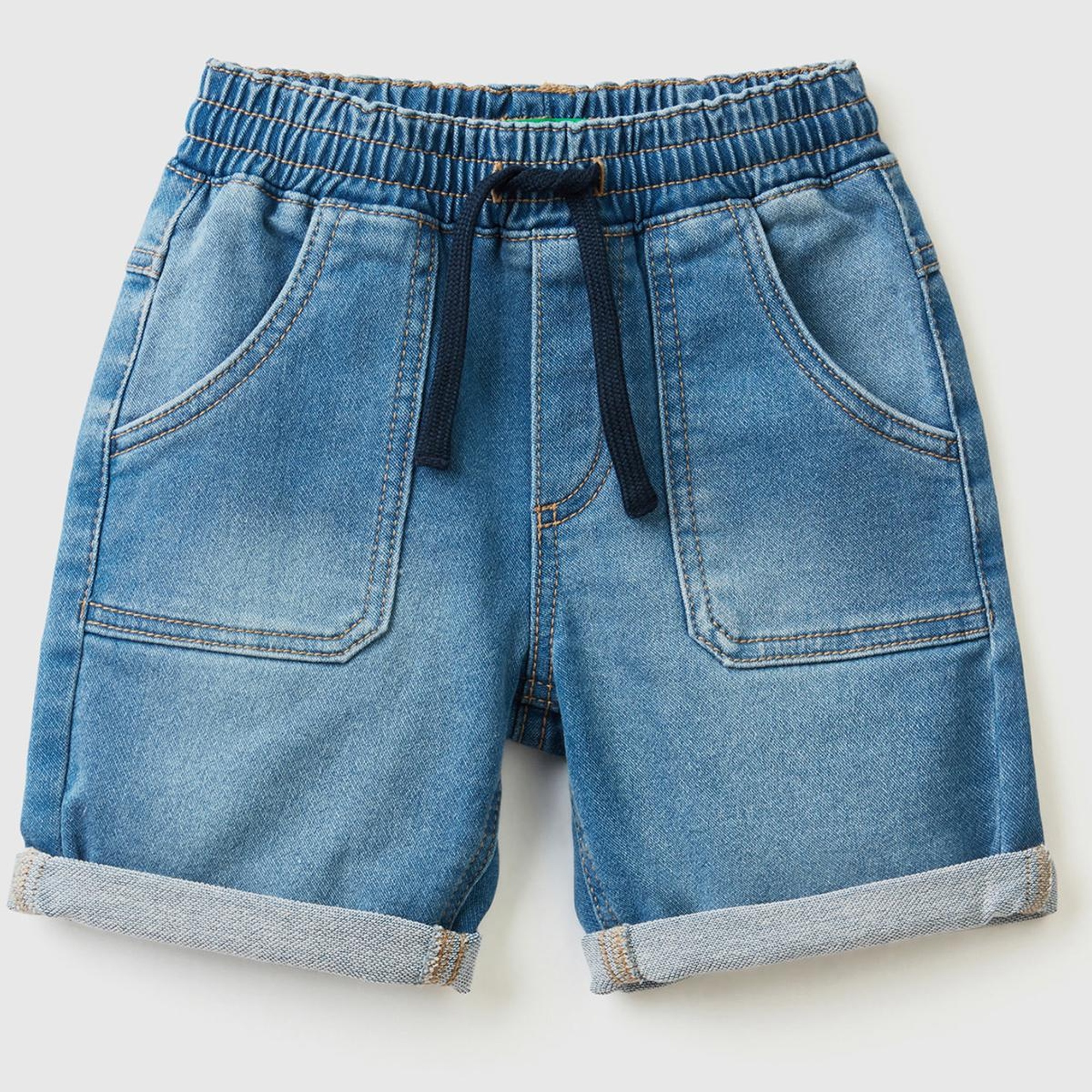 Erkek Çocuk Açık Mavi Logo İşlemeli 5 Cepli Beli Büzgülü Denim Bermuda Şort