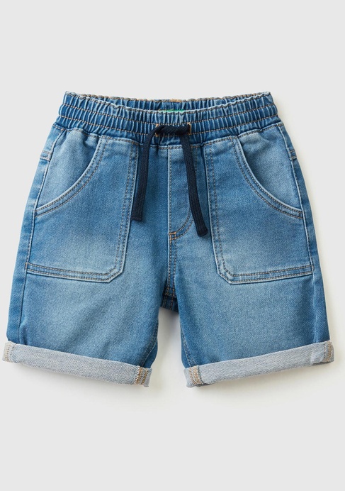  Erkek Çocuk Açık Mavi Logo İşlemeli 5 Cepli Beli Büzgülü Denim Bermuda Şort