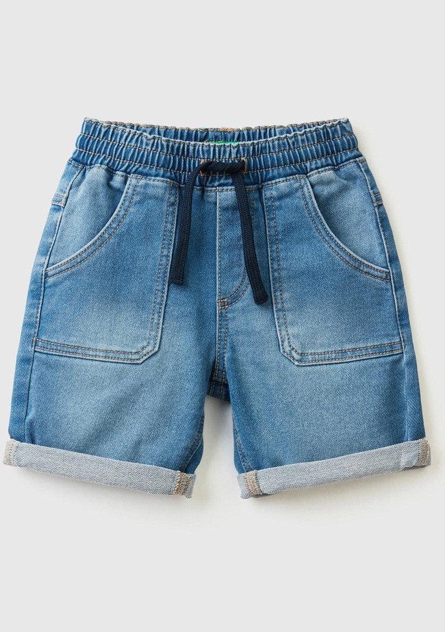  Erkek Çocuk Açık Mavi Logo İşlemeli 5 Cepli Beli Büzgülü Denim Bermuda Şort