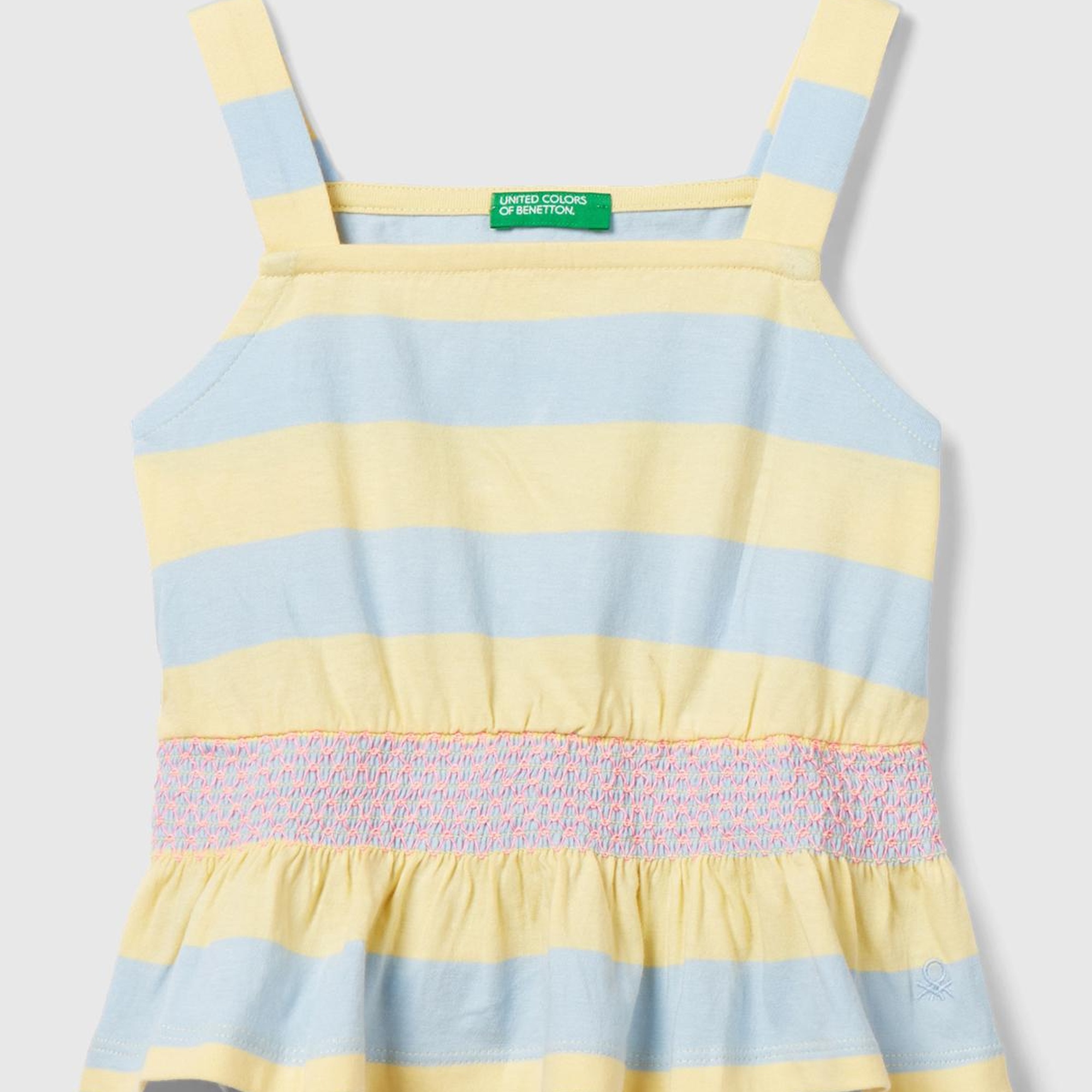 Kız Çocuk Sarı-Mavi Önü Logo İşlemeli Beli Büzgülü Nakış Detaylı Sıfır Kol Bluz