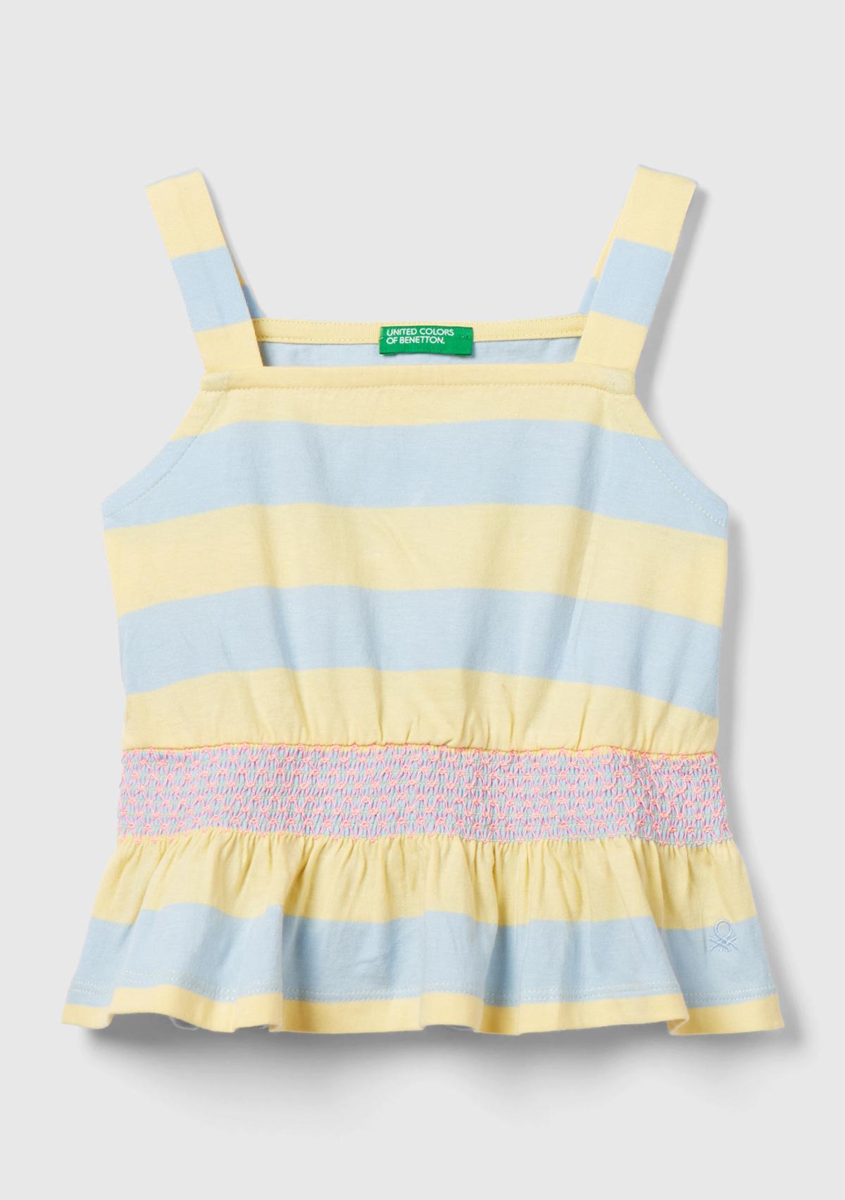  Kız Çocuk Sarı-Mavi Önü Logo İşlemeli Beli Büzgülü Nakış Detaylı Sıfır Kol Bluz