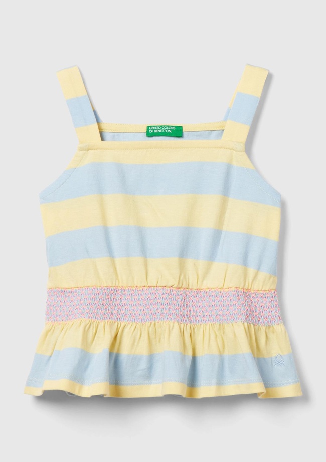  Kız Çocuk Sarı-Mavi Önü Logo İşlemeli Beli Büzgülü Nakış Detaylı Sıfır Kol Bluz