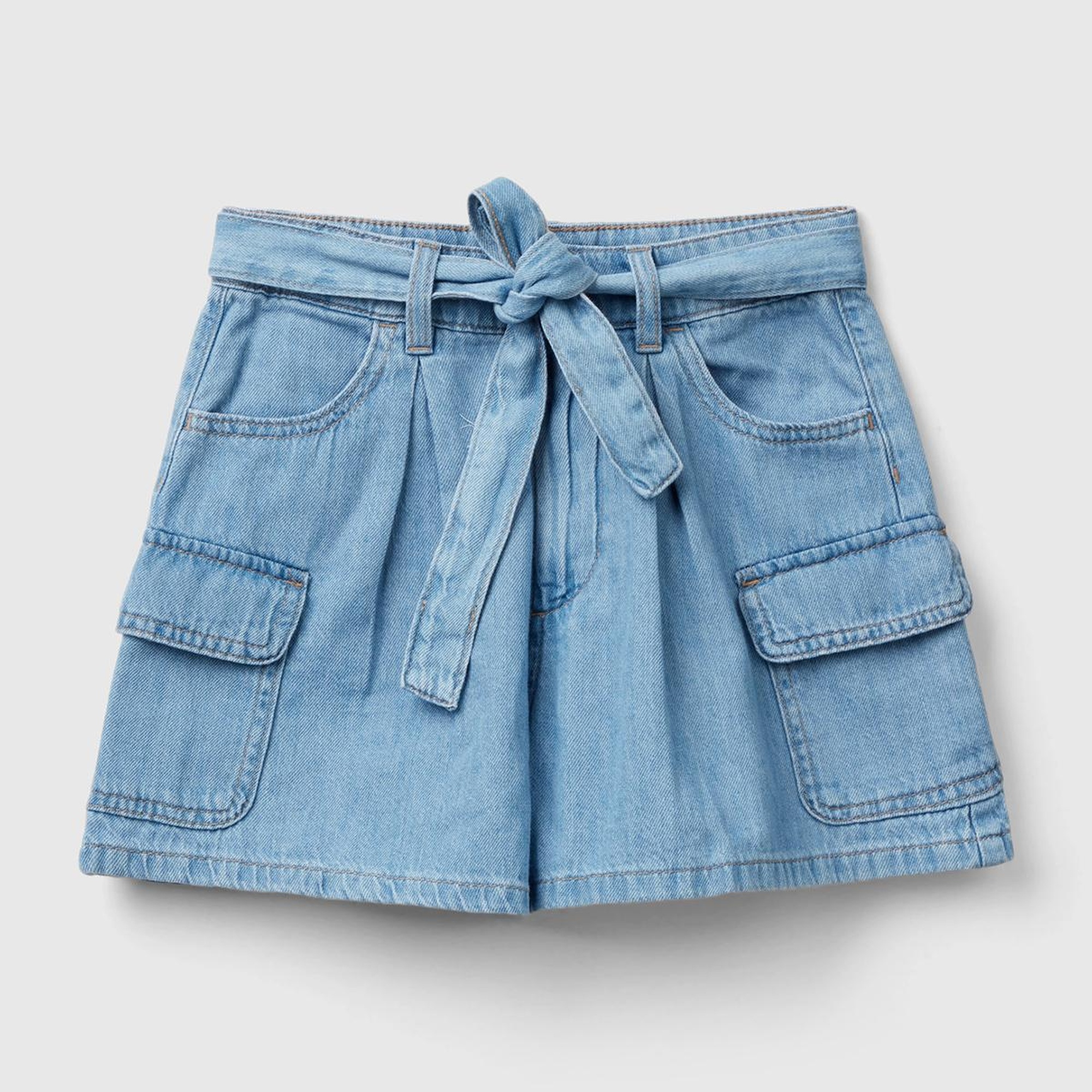 Kız Çocuk Mavi Kemer Delikli Beli Kuşaklı Denim Şort