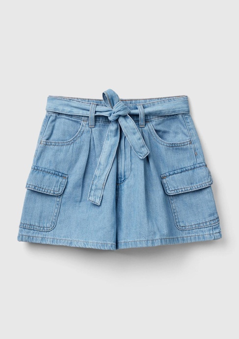  Kız Çocuk Mavi Kemer Delikli Beli Kuşaklı Denim Şort