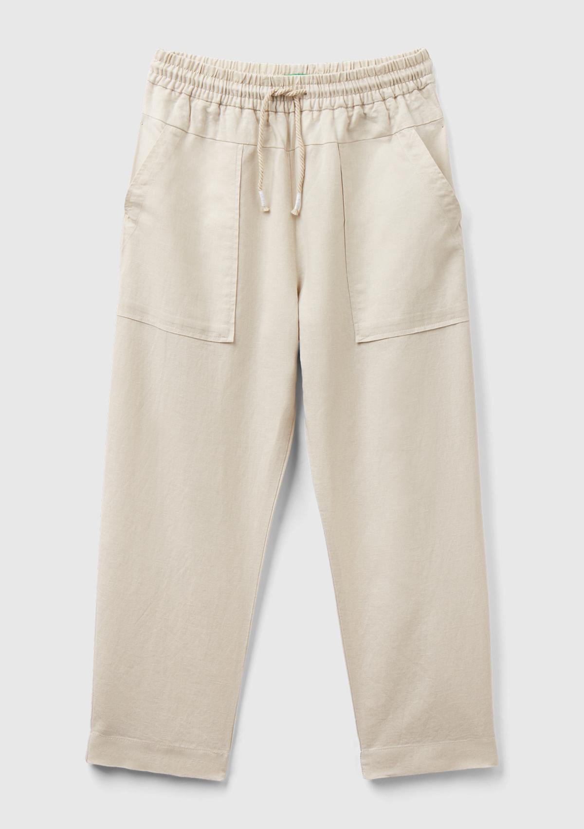  Kız Çocuk Bej Keten Karışımlı Pantolon