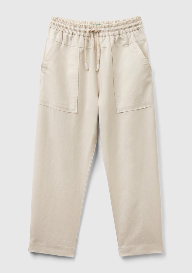  Kız Çocuk Bej Keten Karışımlı Pantolon