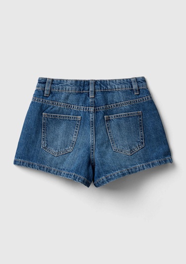  Kız Çocuk Lacivert Kemer Delilikli Düğme Detaylı 4 Cepli Denim Şort