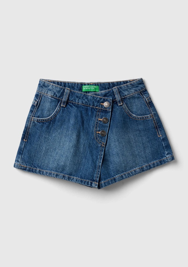  Kız Çocuk Lacivert Kemer Delilikli Düğme Detaylı 4 Cepli Denim Şort