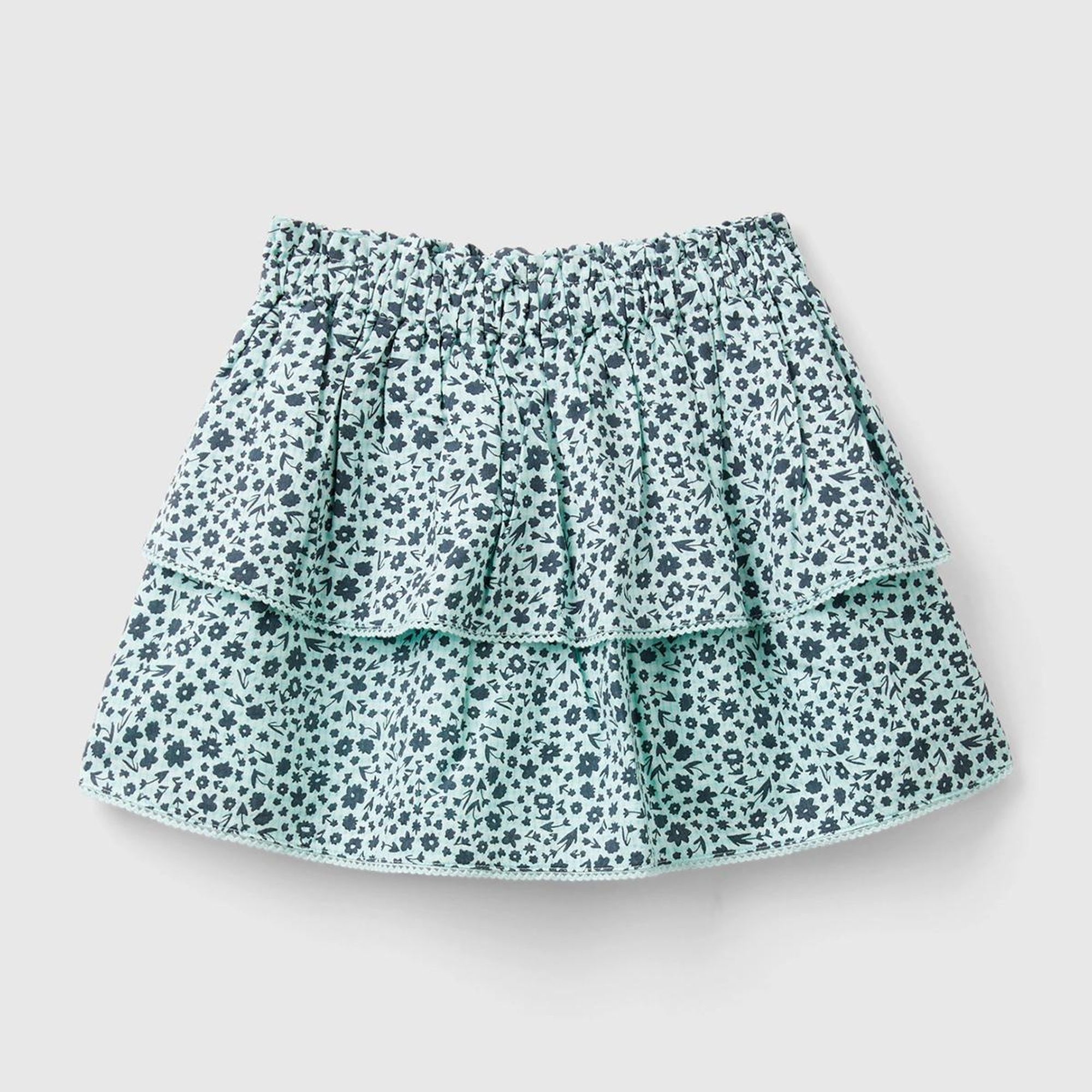 Kız Çocuk Açık Mavi Mix Tamamı Desenli Elastik Bel Bantlı İki Kat Görünümlü Etek