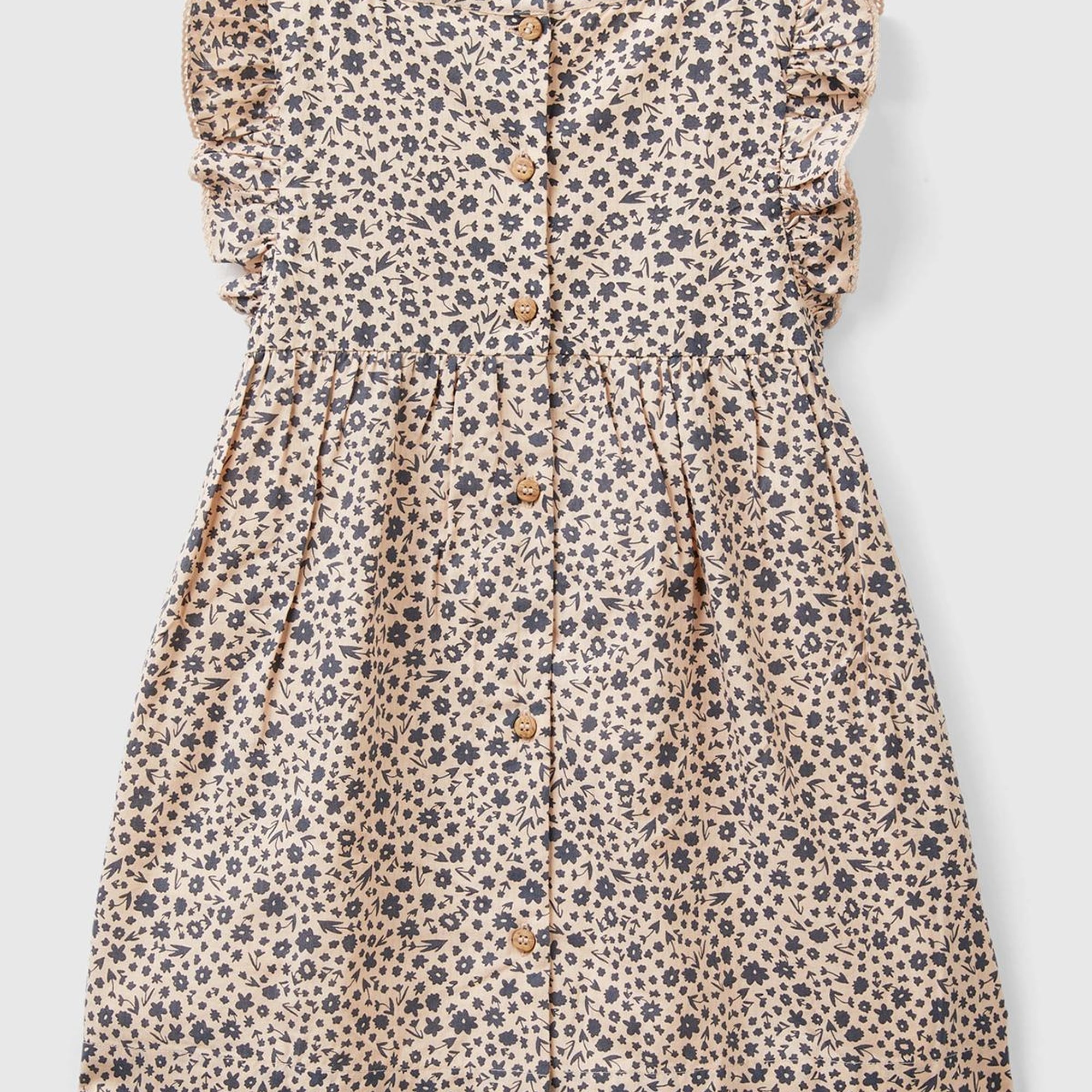 Kız Çocuk Kahverengi Mix Tamamı Desenli Arkası Düğmeli Fırfır Detaylı Elbise