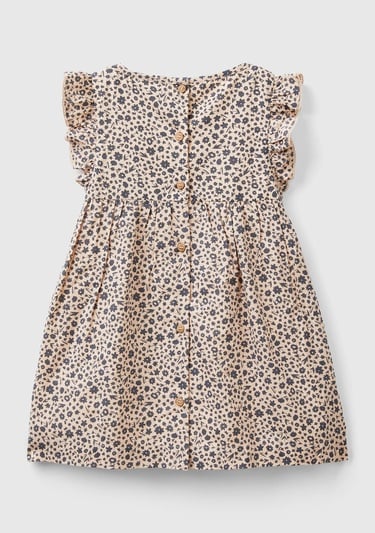  Kız Çocuk Kahverengi Mix Tamamı Desenli Arkası Düğmeli Fırfır Detaylı Elbise