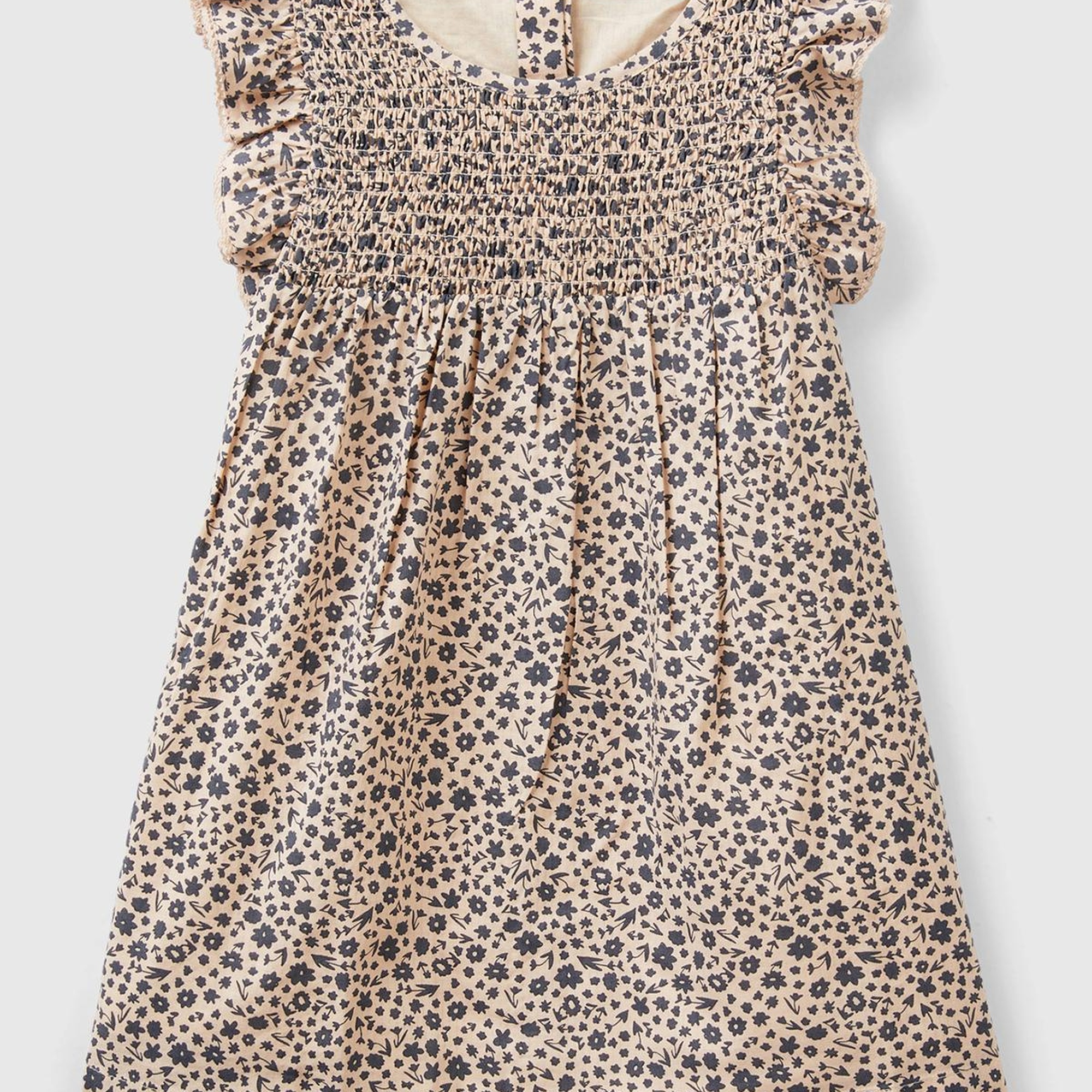 Kız Çocuk Kahverengi Mix Tamamı Desenli Arkası Düğmeli Fırfır Detaylı Elbise