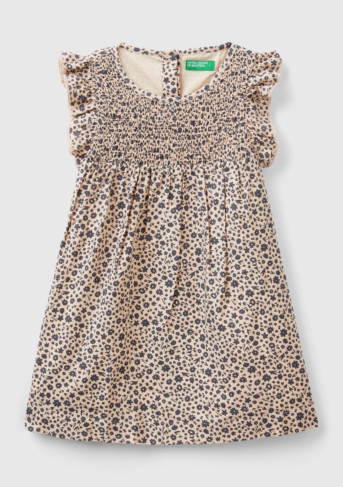  Kız Çocuk Kahverengi Mix Tamamı Desenli Arkası Düğmeli Fırfır Detaylı Elbise