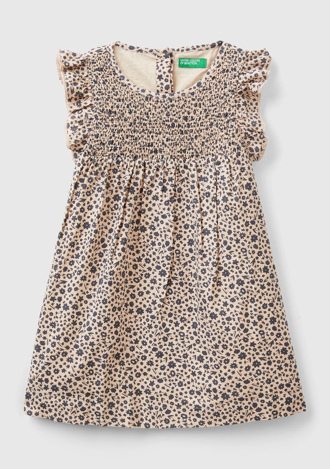  Kız Çocuk Kahverengi Mix Tamamı Desenli Arkası Düğmeli Fırfır Detaylı Elbise