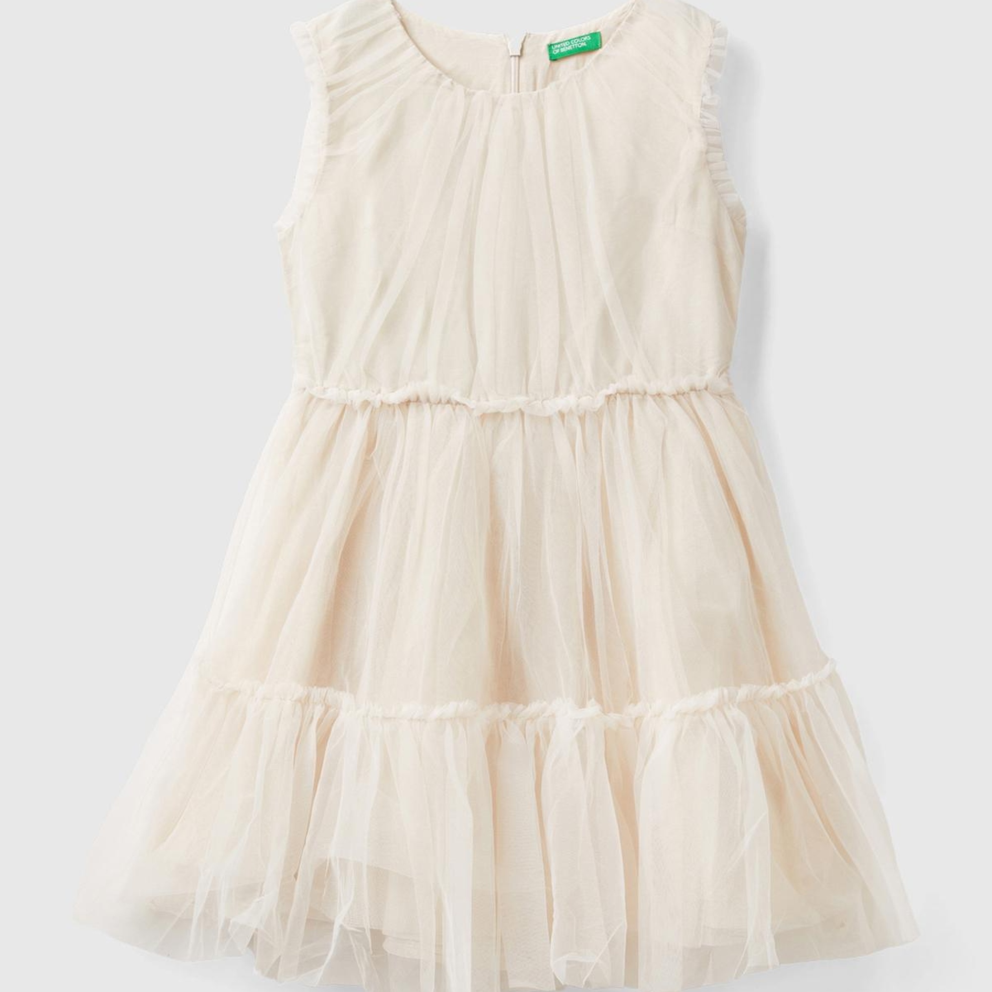 Kız Çocuk Krem İç Astarlı Kolsuz Tül Elbise