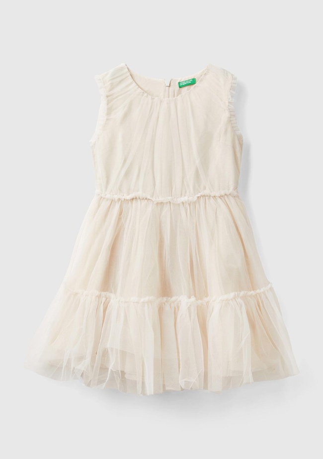  Kız Çocuk Krem İç Astarlı Kolsuz Tül Elbise