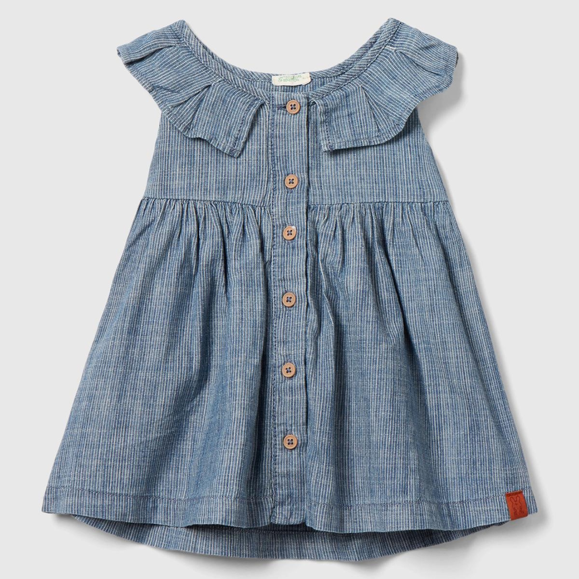 Bebek Mavi Mix Çizgili Yakası Fırfırlı Dekoratif Düğmeli Elbise