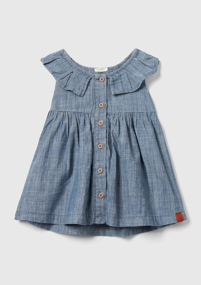  Bebek Mavi Mix Çizgili Yakası Fırfırlı Dekoratif Düğmeli Elbise