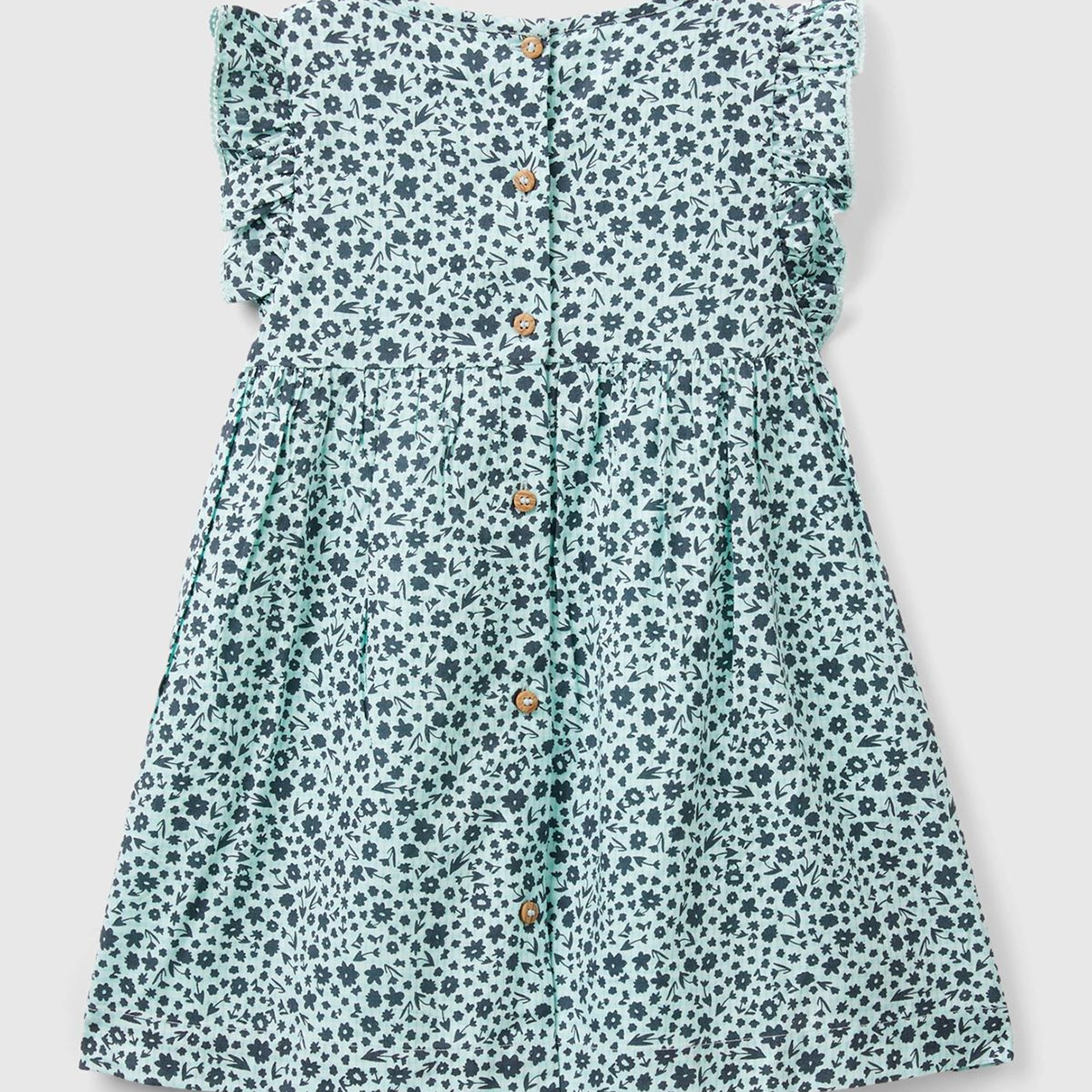 Kız Çocuk Açık Mavi Mix Tamamı Desenli Arkası Düğmeli Fırfır Detaylı Elbise