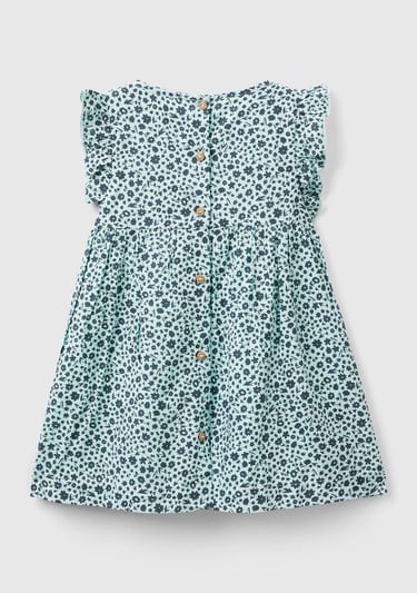  Kız Çocuk Açık Mavi Mix Tamamı Desenli Arkası Düğmeli Fırfır Detaylı Elbise