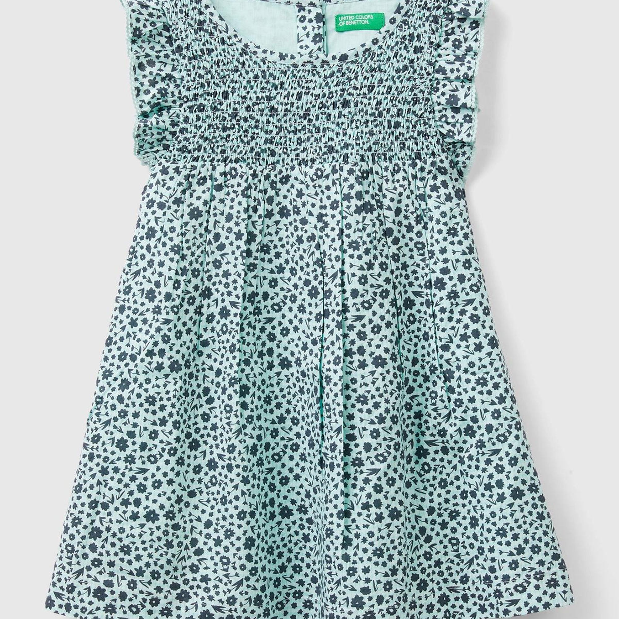 Kız Çocuk Açık Mavi Mix Tamamı Desenli Arkası Düğmeli Fırfır Detaylı Elbise