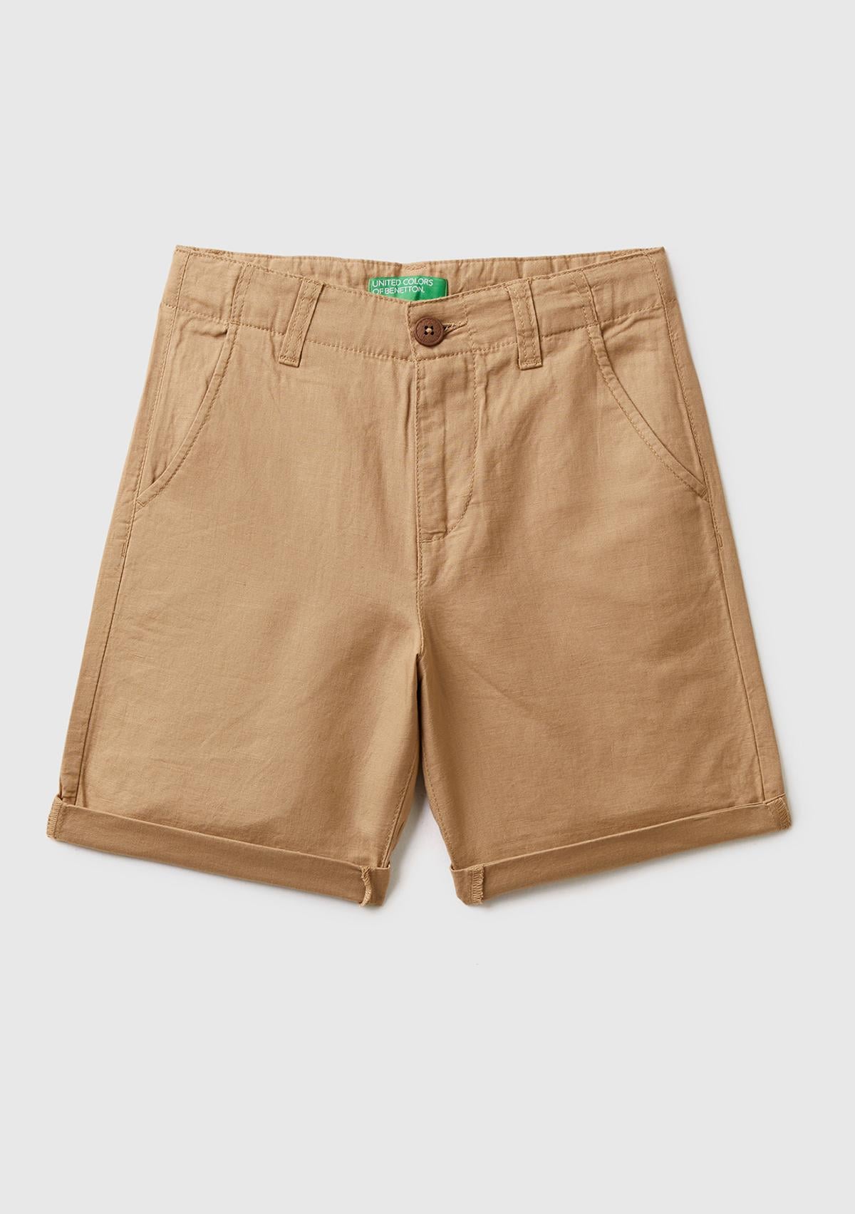  Erkek Çocuk Açık Kahve Keten Karışımlı Şort