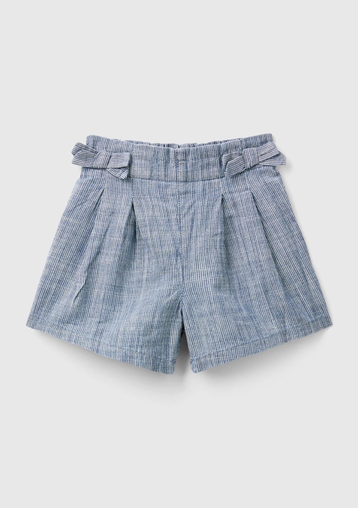  Kız Çocuk Mavi Yama Cepli Beli Büzgülü Fiyonk Detaylı Pileli Denim Şort