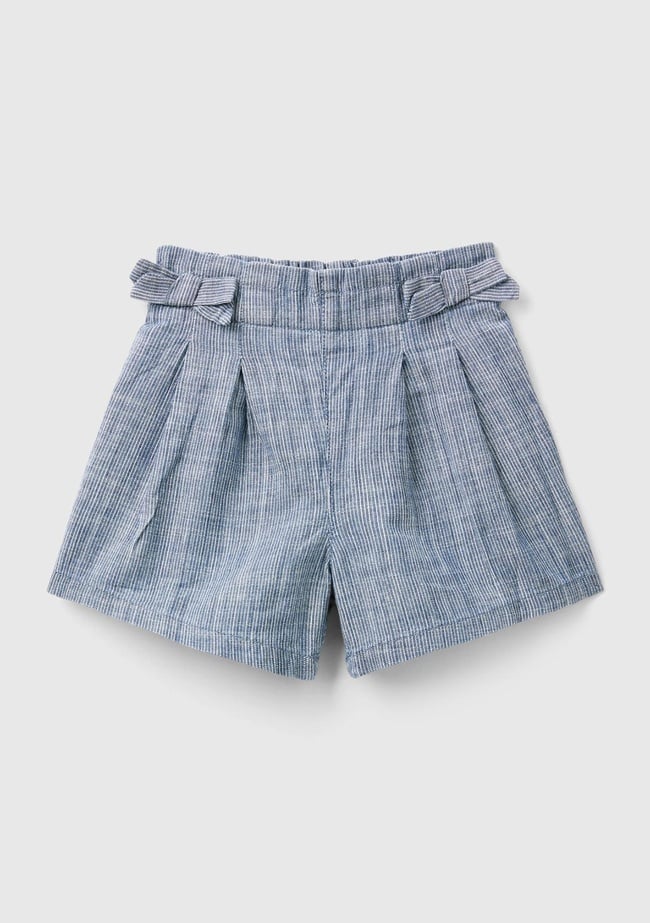  Kız Çocuk Mavi Yama Cepli Beli Büzgülü Fiyonk Detaylı Pileli Denim Şort