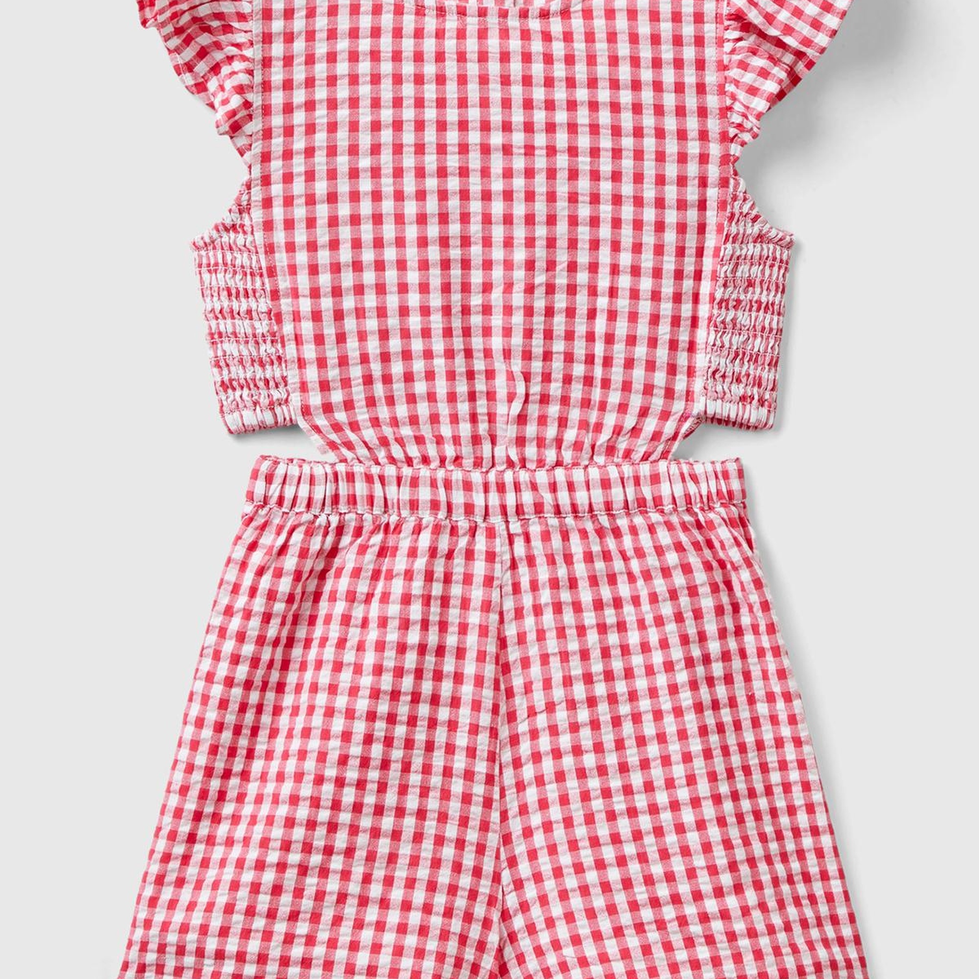 Kız Çocuk Kırmızı Tamamı Desenli Yanları Kesik Detaylı Kısa Tulum