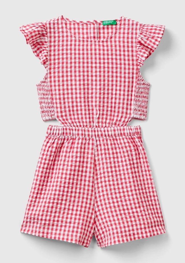  Kız Çocuk Kırmızı Tamamı Desenli Yanları Kesik Detaylı Kısa Tulum