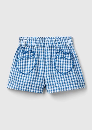  Kız Çocuk Mavi-Beyaz Tamamı Desenli Beli Elastik Meyveli Cepli Şort