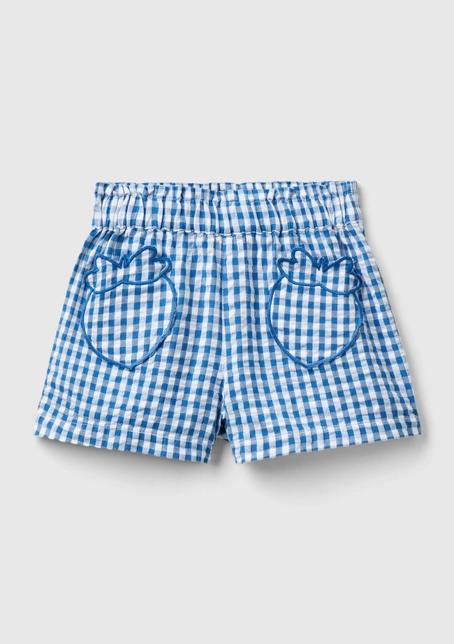  Kız Çocuk Mavi-Beyaz Tamamı Desenli Beli Elastik Meyveli Cepli Şort